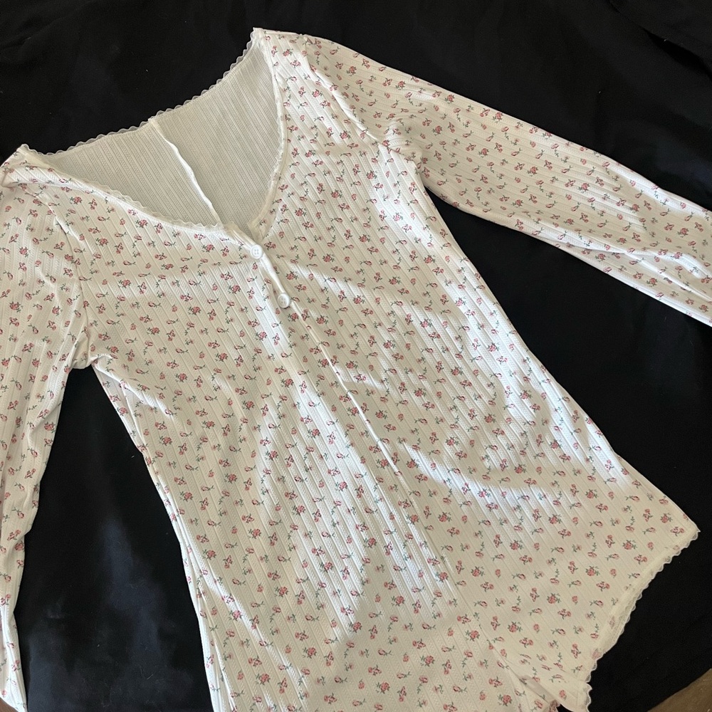 SHEIN White and Pink Floral Sleep Top
